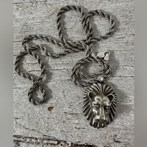 Vintage Solid Sterling 3D Lion Pendant With Diamond Chip Eyes